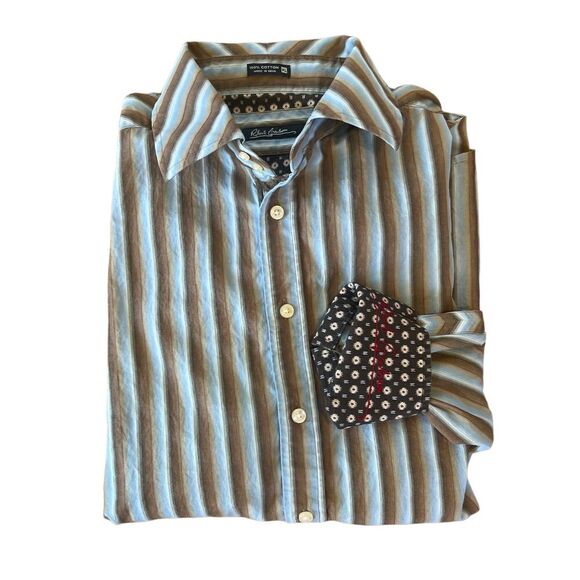 Mens Robert Graham‎ Brown Blue Striped Long Sleeve Button Down Flip Cuff XL - Picture 1 of 9